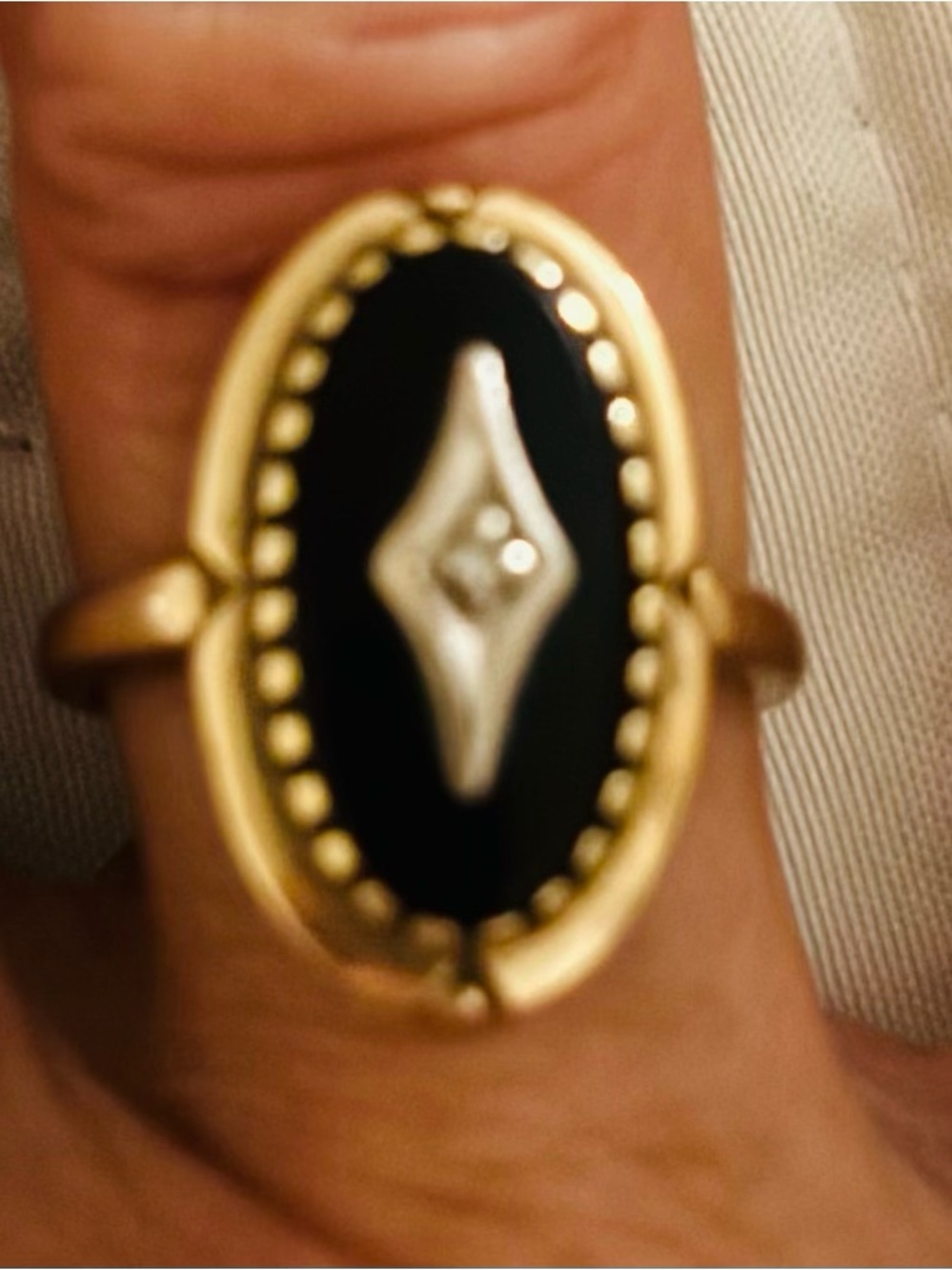 Gold Black Onyx Oval Ring with Diamond Accent Vintage 10k